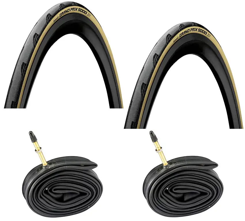 Continental Grand Prix 2 vikbara däck + 2 slangar 5000 700x25C ljusa däcksidor 48mm Racer Ventil