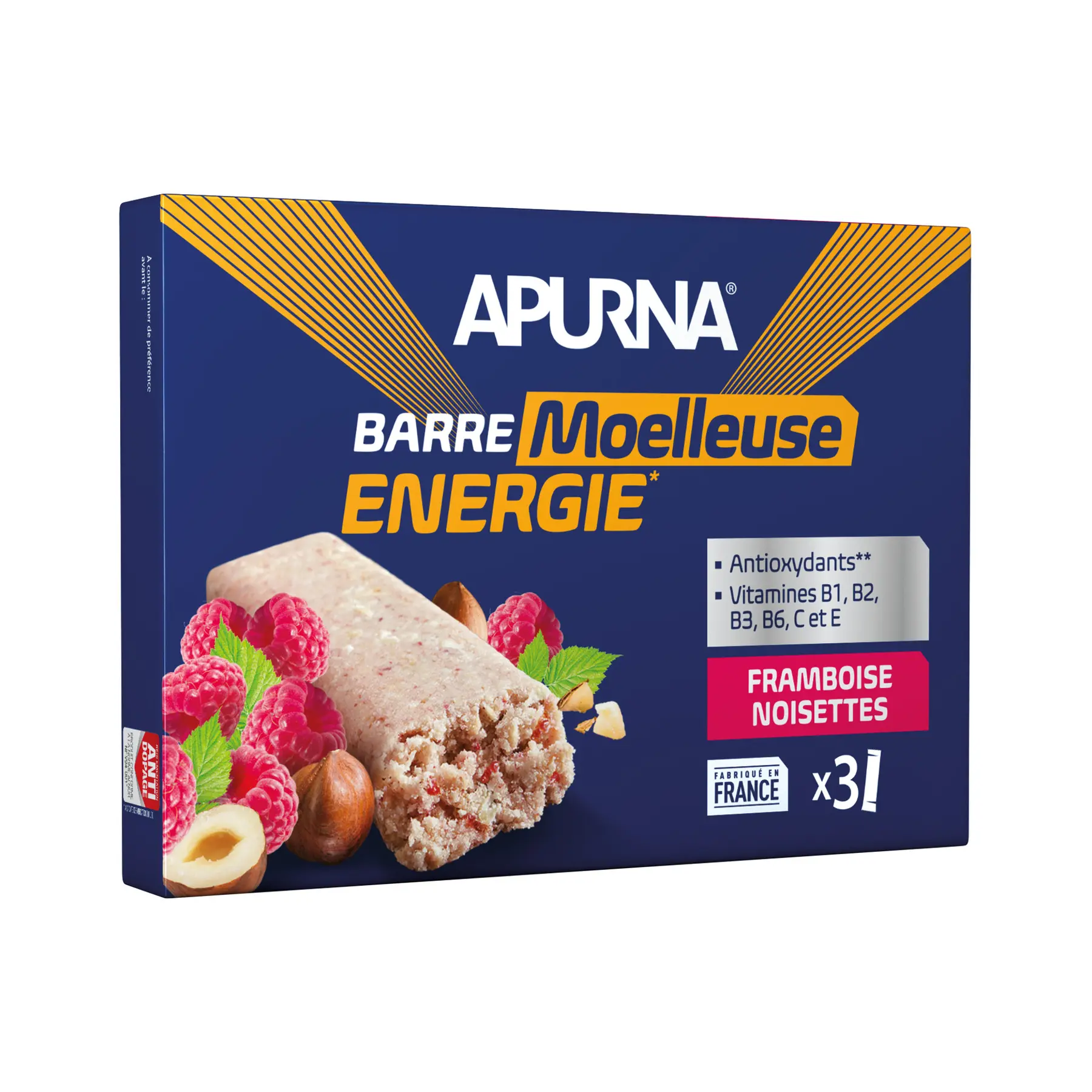 Förpackning med 3 energikakor Apurna Noisette/Framboise