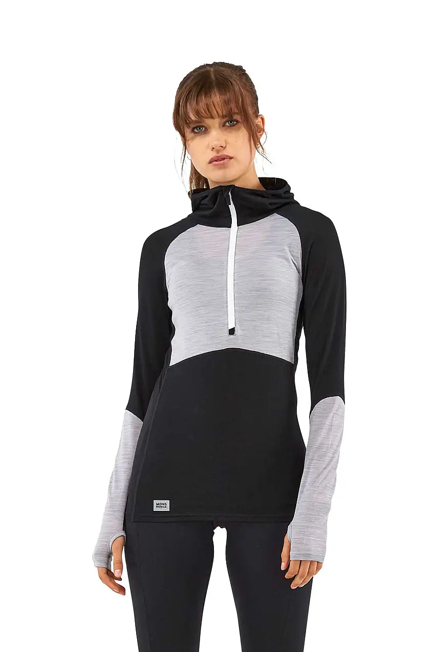 Huvtröja Mons Royal Wool Bella Tech Hood dam svart/grå
