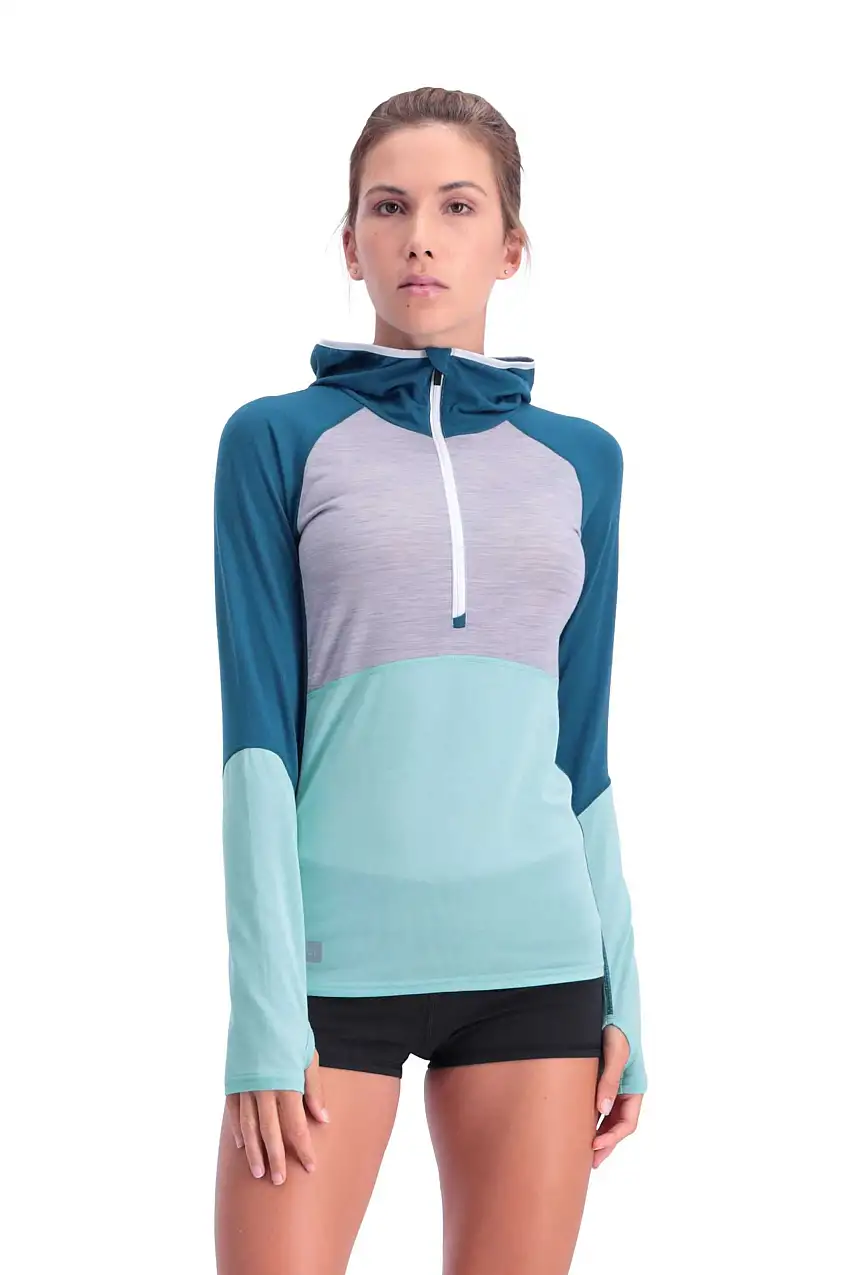 Huvtröja Mons Royal Wool Bella Tech Hood dam blå/grön