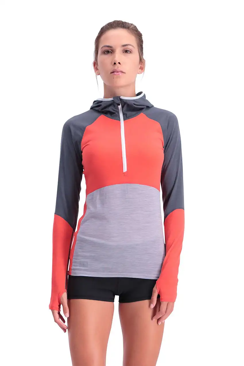 Huvtröja Mons Royal Wool Bella Tech Hood dam röd/grå